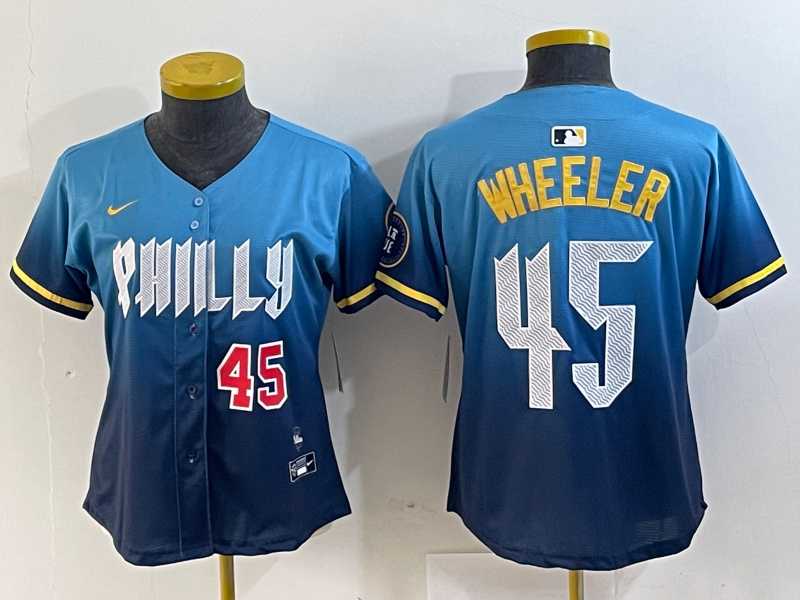 Women%27s Philadelphia Phillies #45 Zack Wheeler Blue 2024 City Player Number Cool Base Stitched Jerseys->mlb womens jerseys->MLB Jersey